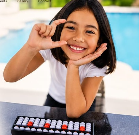 Cece smiling by the pool making a heart shape with her hands